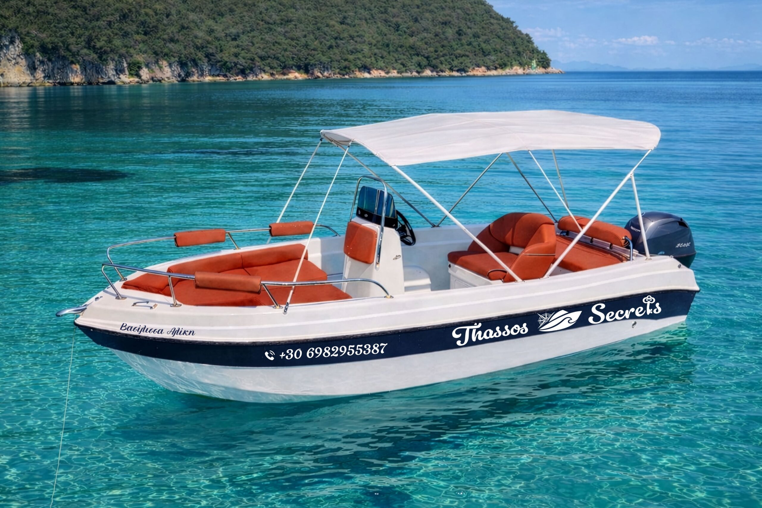 Vasilissa Aliki rental boat with red accents on turquoise Thassos sea
