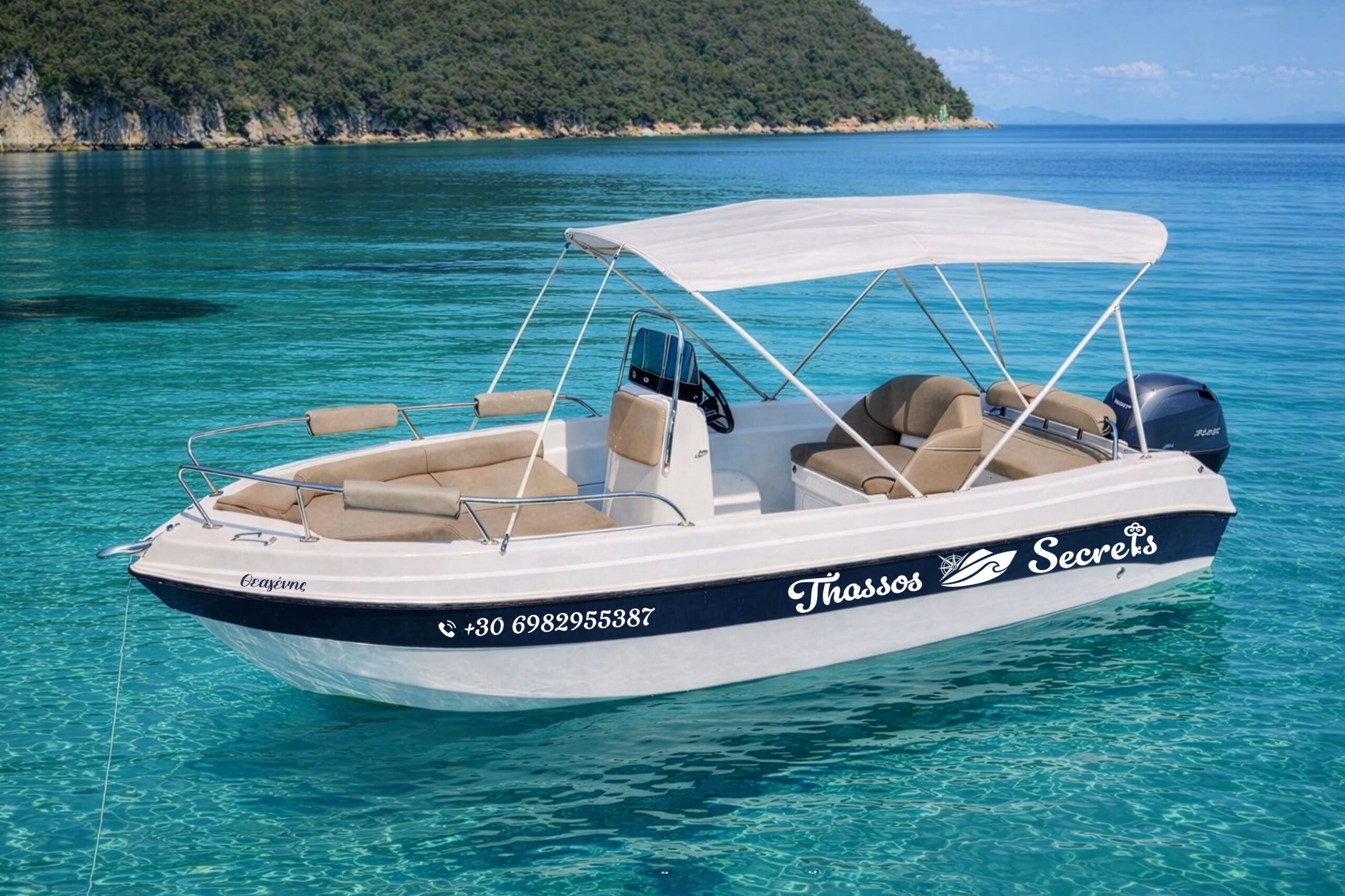 Theagenis rental boat with sunshade moored in calm Thassos harbour waters