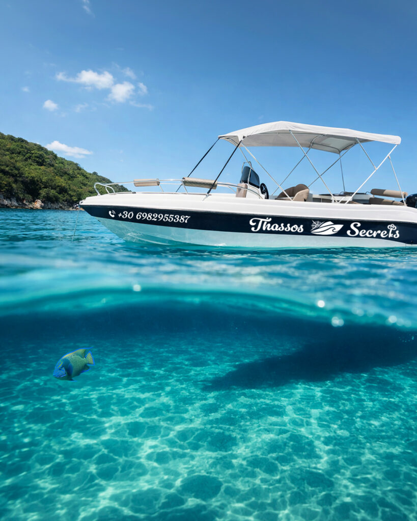 Thassos Secrets speedboat with white sunshade on vivid turquoise sea