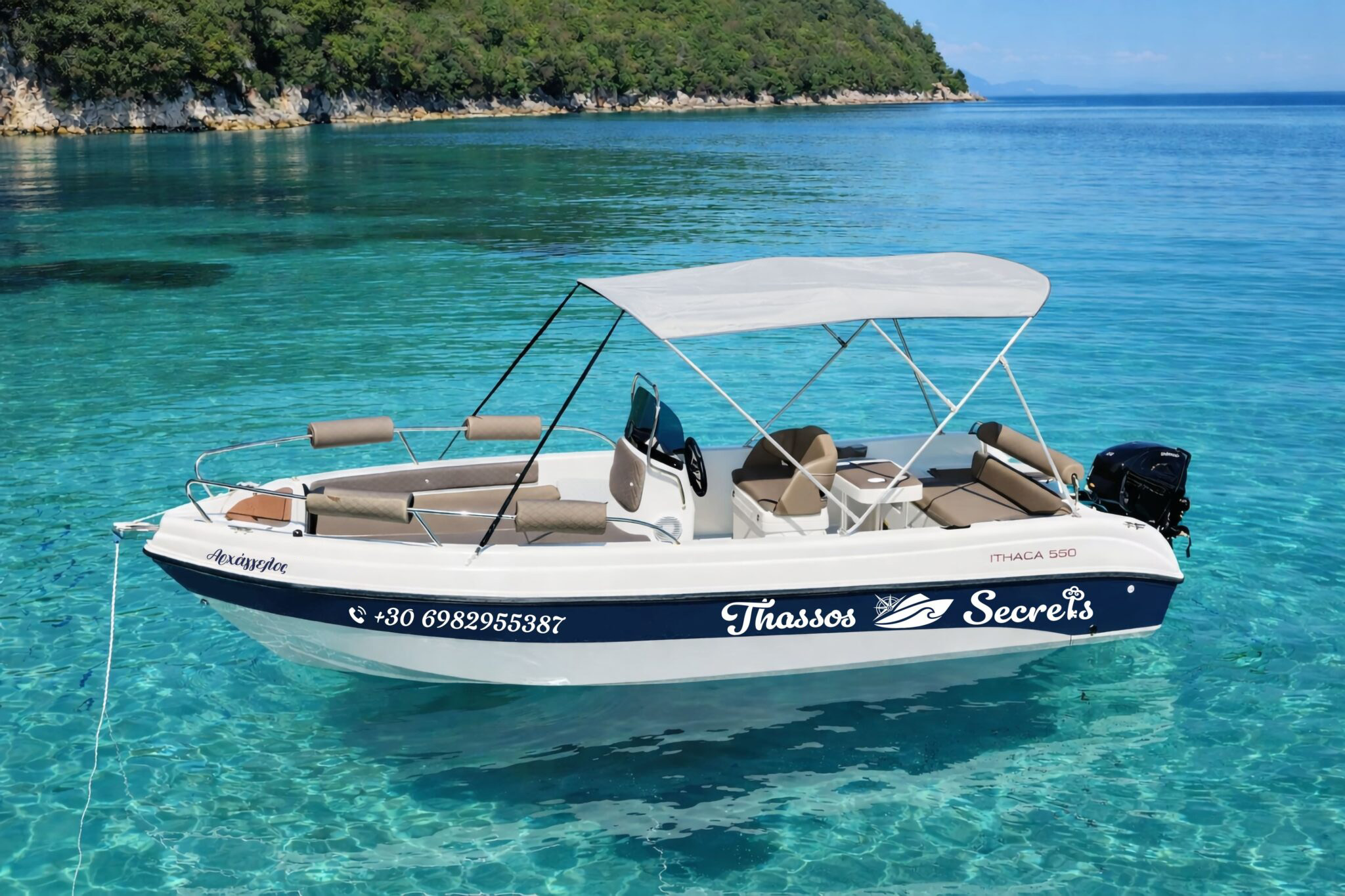 Archaggelos rental boat with sunshade cruising on crystal clear Thassos water
