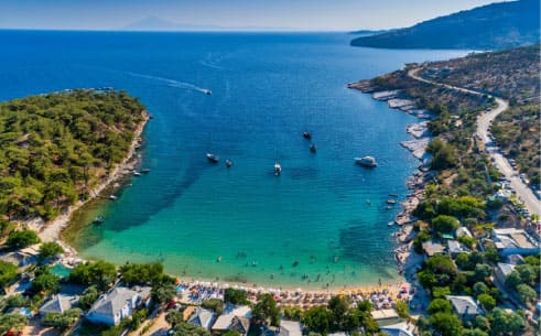 Aerial view of a hidden Thassos beach with turquoise water and pine trees