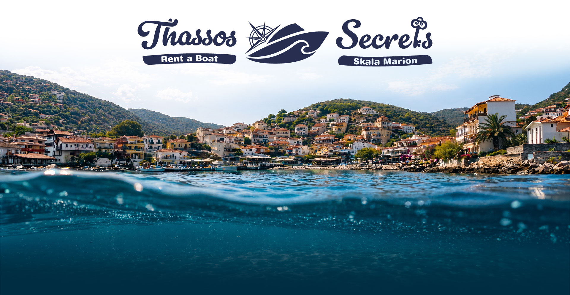 Thassos Secrets branded boat moored in a scenic Thassos bay