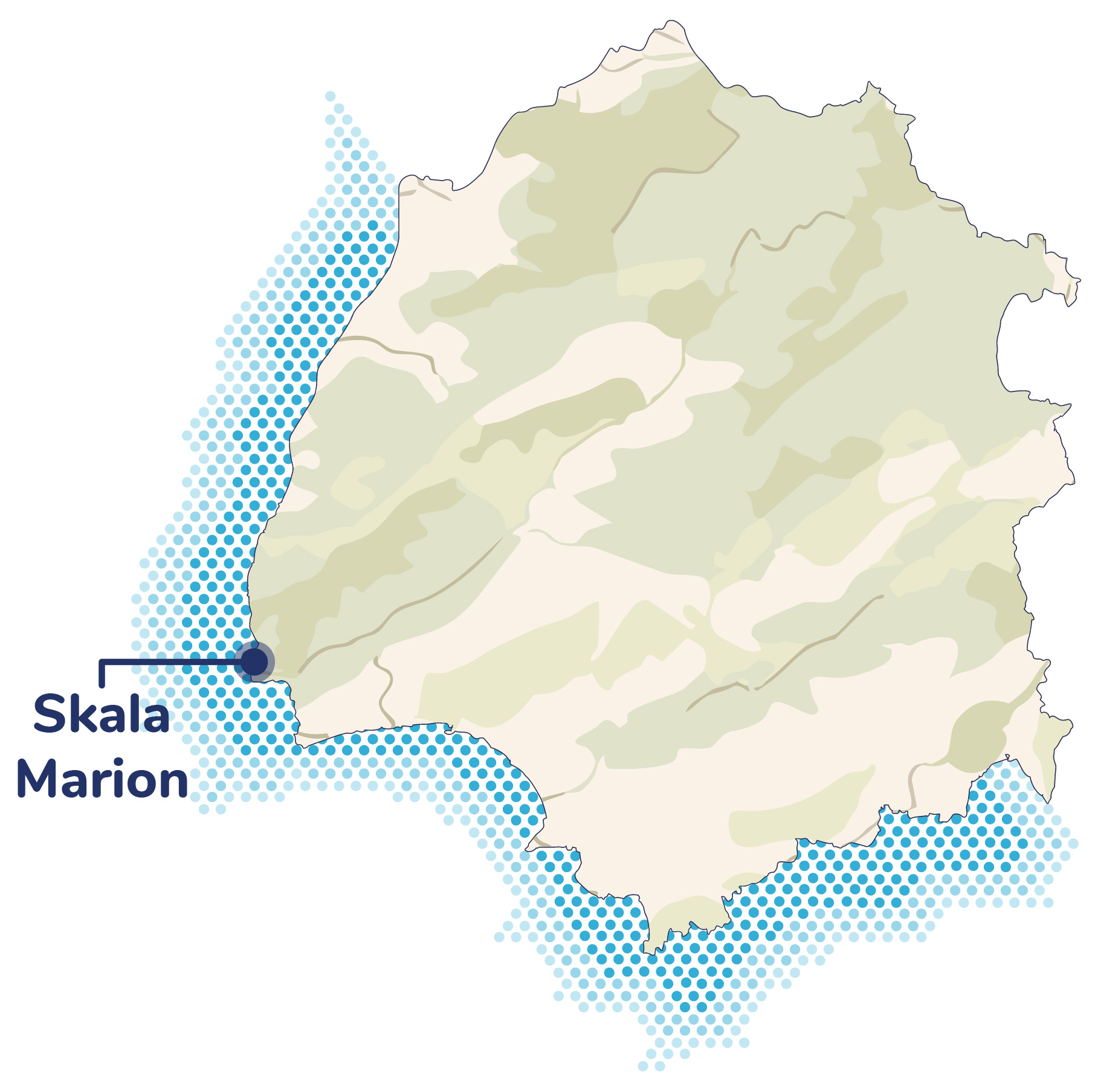 Illustrated map of Thassos island pinpointing Skala Maries