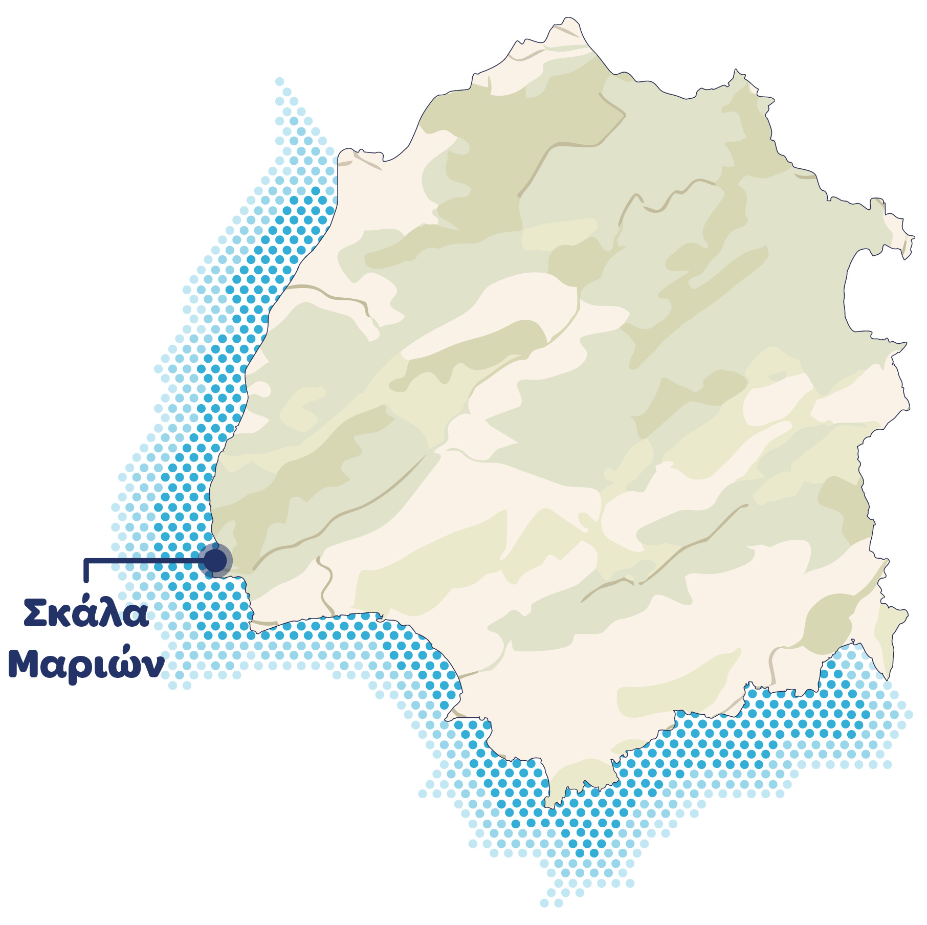 Χάρτης της Θάσου με σημείο αναφοράς τη Σκάλα Μαριών
